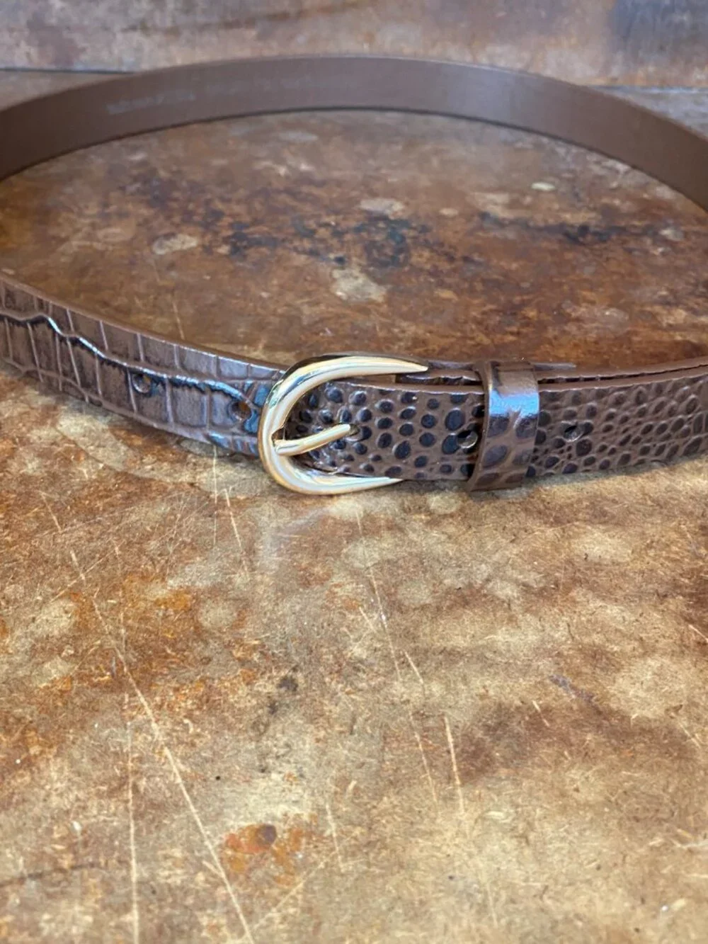 Brown Alligator Embossed Leather Belt Horseshoe Shaped Brass Buckle Size 34